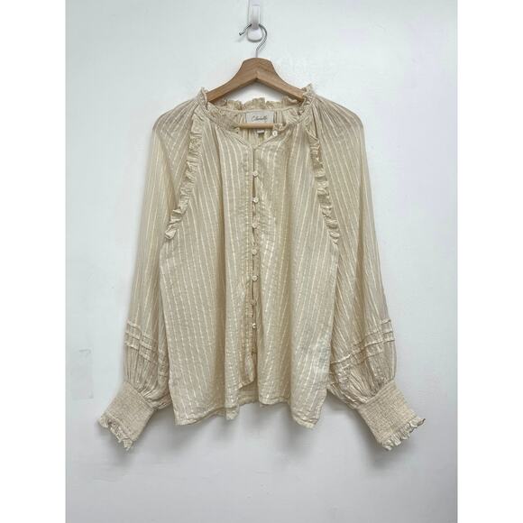 Cleobella Cream Ari Metallic Stripe Ruffle Puff Sleeve Peasant Blouse Large - Picture 4 of 16